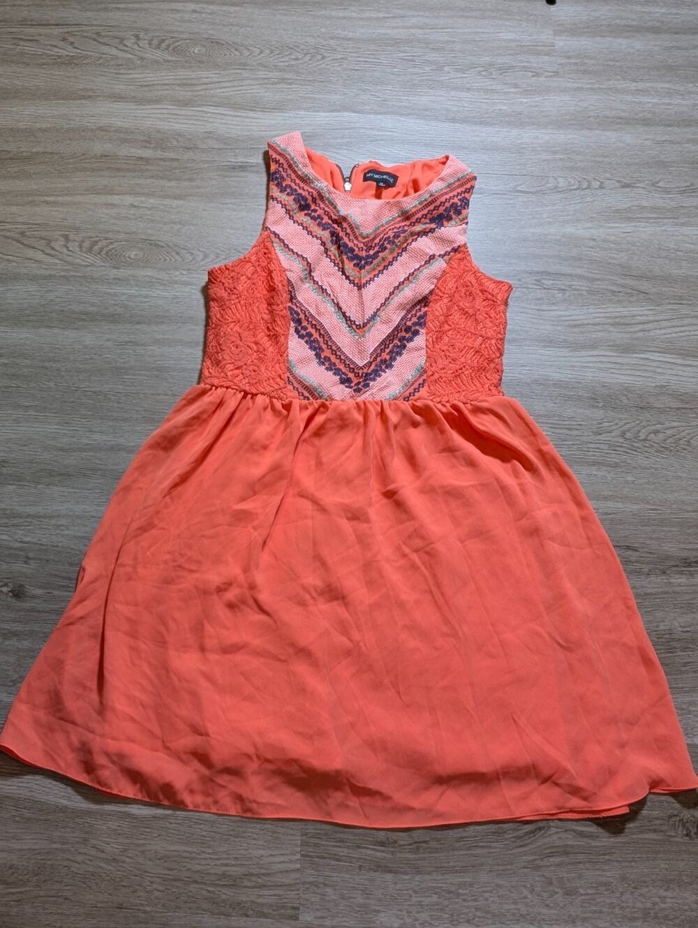 Y2K My Michelle Womens 11 Coral Pink Embroidered Chevron Lace A-Line Dres